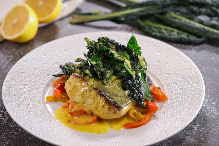 Oven Roasted Black Cod with Roasted Bell Pepper Tossed with Parsley, Garlic and Kale